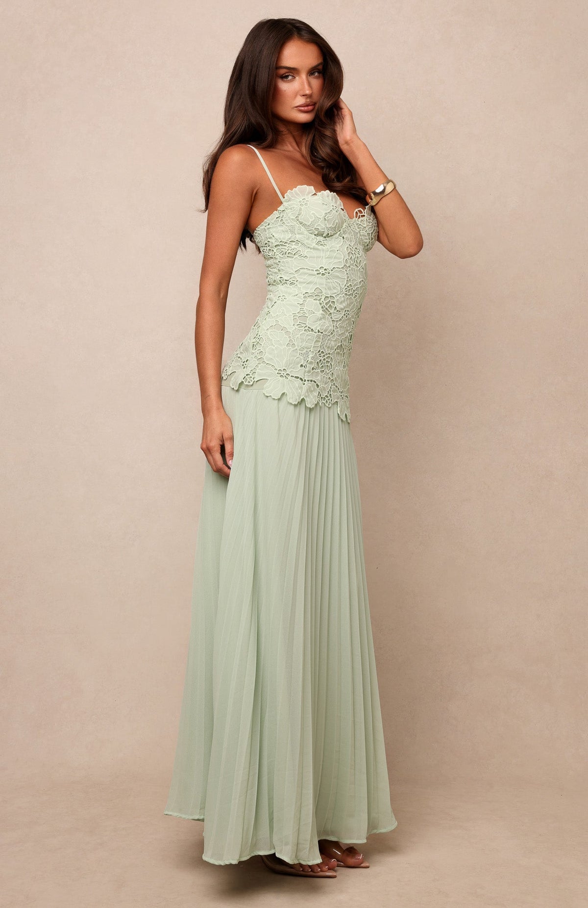 Lace Bustier Pleated A Line Maxi Dress Green HV3236
