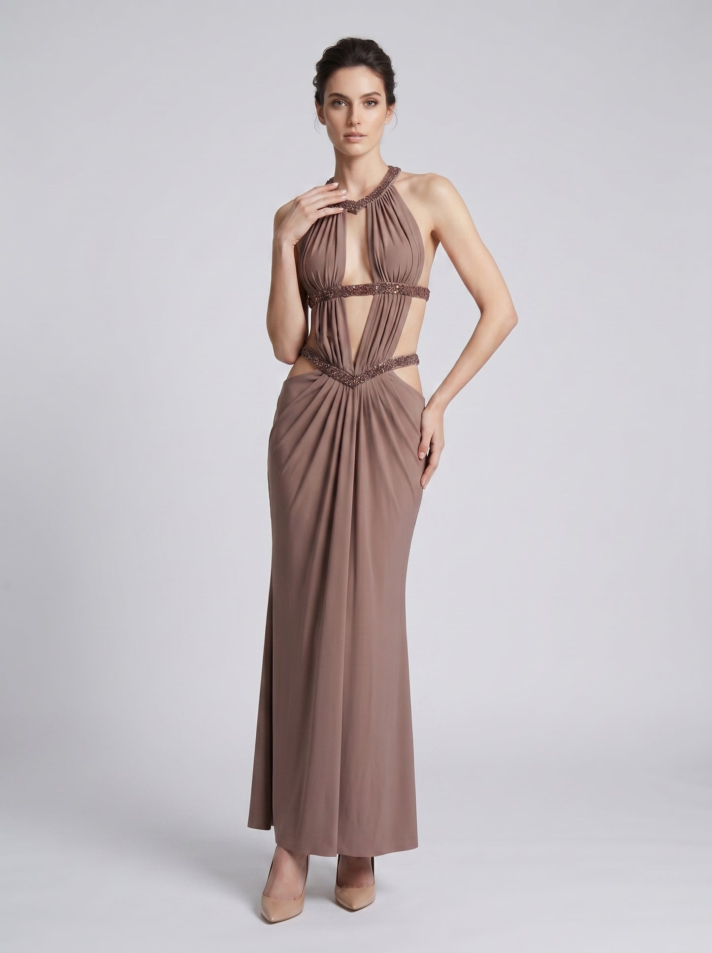 Halter Draped Cut Out Maxi Dress Brown HV3085