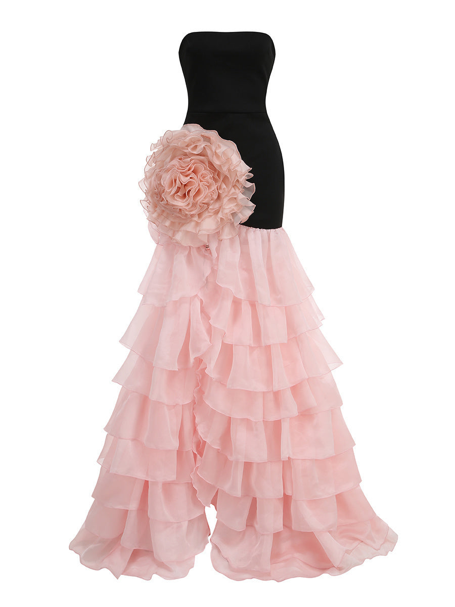 Strapless Floral Ruffle Maxi Dress Black Pink HV2811