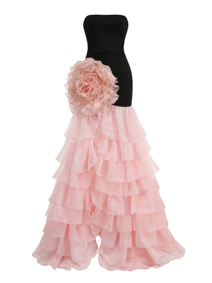 Strapless Floral Ruffle Maxi Dress Black Pink HV2811