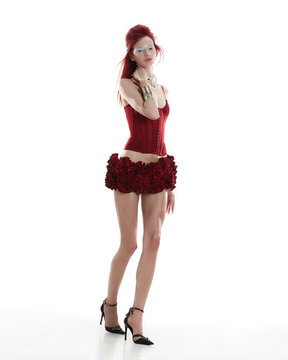 Strapless Corset Floral Ruffle Two Piece Dress Red HV1645