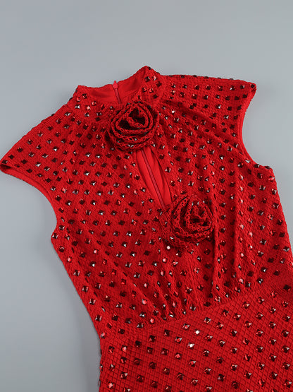 Floral Detail Sparkly Midi Dress Red HV2213