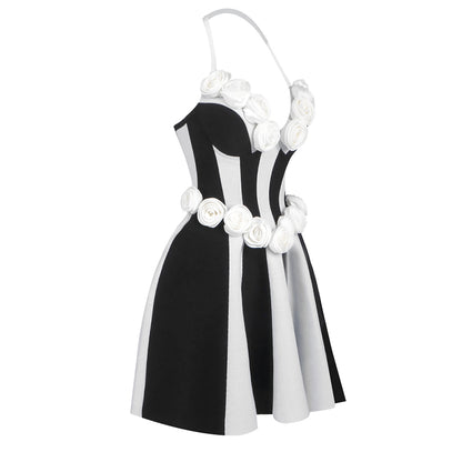 Strapless Floral Corset A Line Dress Black White HV2142