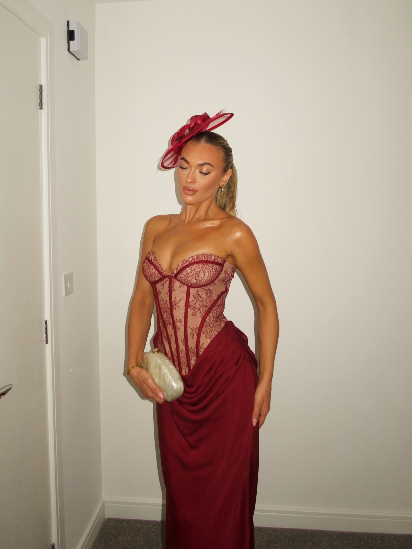 Strapless Lace Bustier Maxi Dress Burgundy HV3153