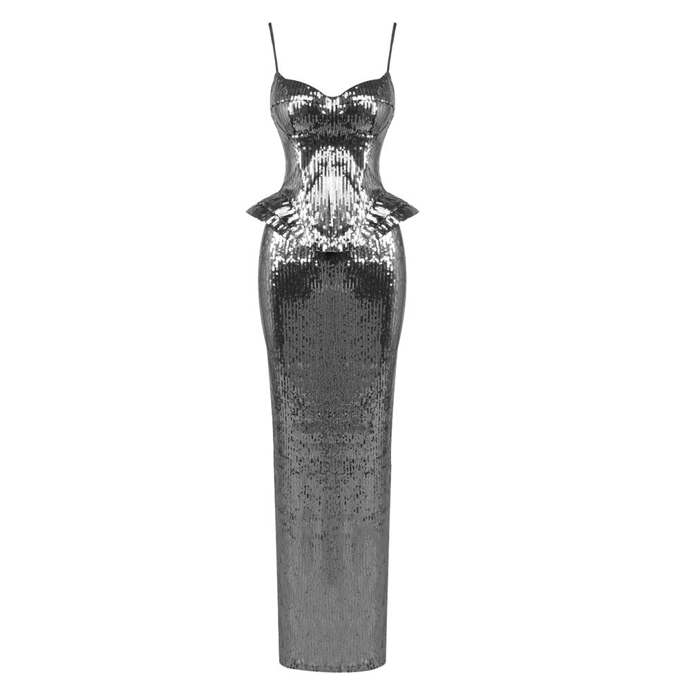 Sequin Peplum Corset Maxi Dress Black HV0045