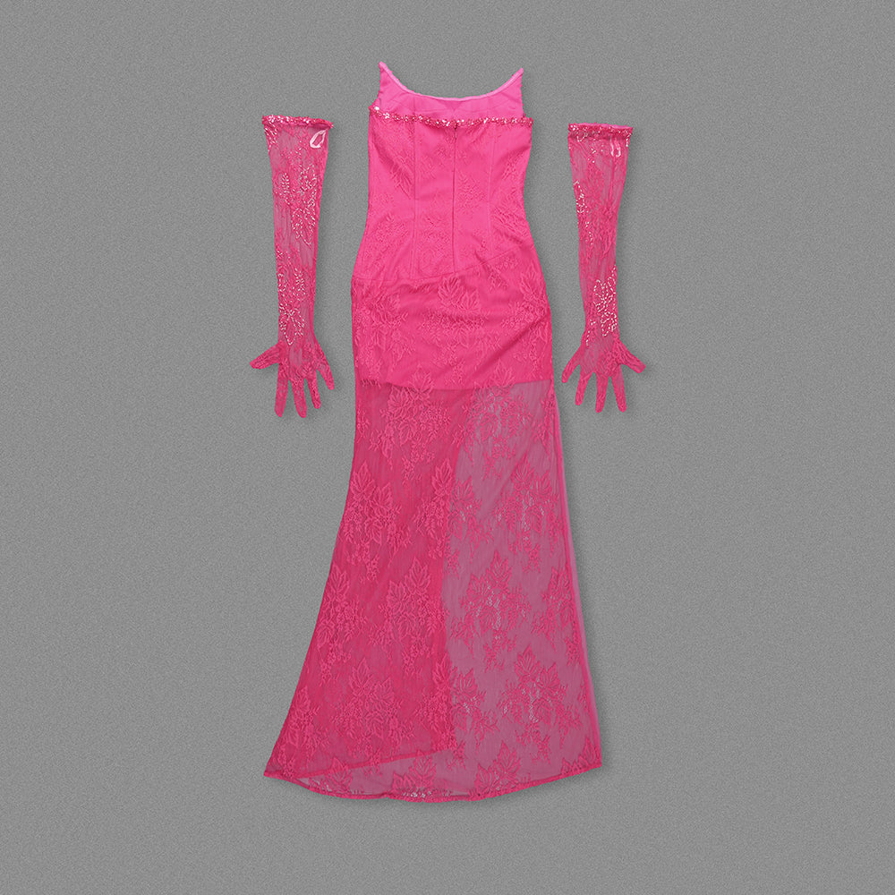 Strapless Lace Corset Maxi Dress Hot Pink HV1352