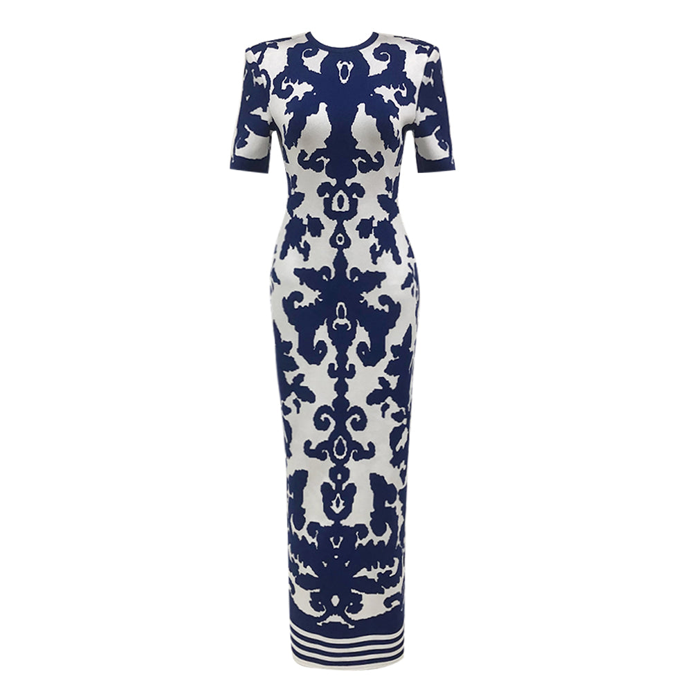 Short Sleeve Printed Maxi Dress Blue White HV1737