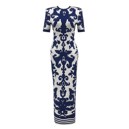 Short Sleeve Printed Maxi Dress Blue White HV1737