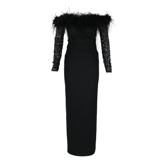 Long Sleeve Feather Sequin Maxi Dress Black HV1117