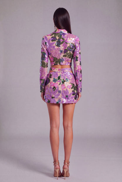 Long Sleeve Sequin Floral Two Piece Dress Purple HV2948