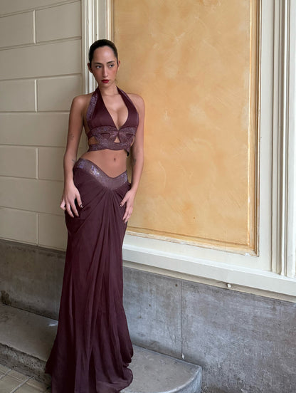 Halter Draped Two Piece Maxi Dress Brown Burgundy HV0072