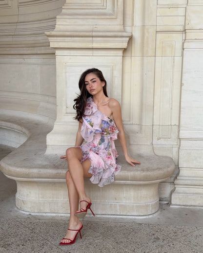One Shoulder Floral Ruffle Dress Pink HV3130