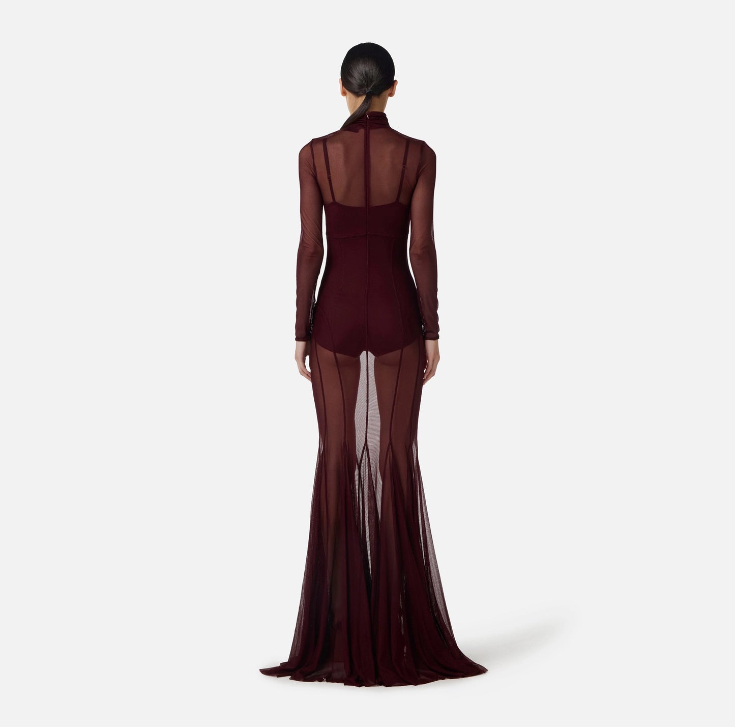 Long Sleeve Mesh Maxi Dress Burgundy HV0064