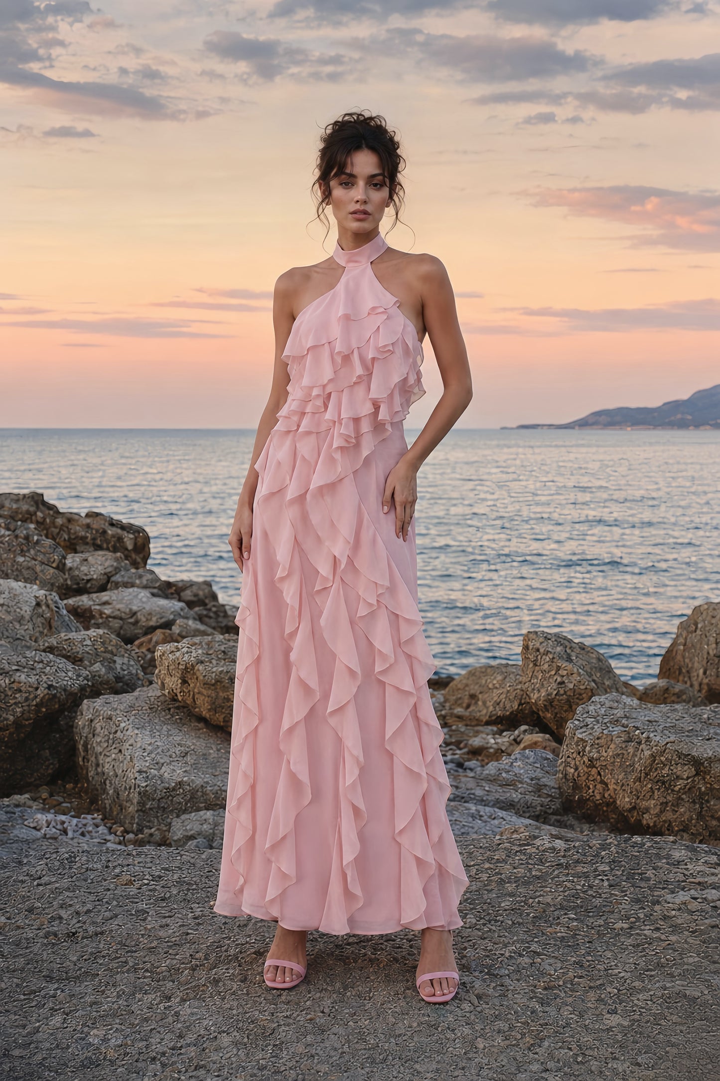 Halter Ruffle Detail Maxi Dress Pink HV3178