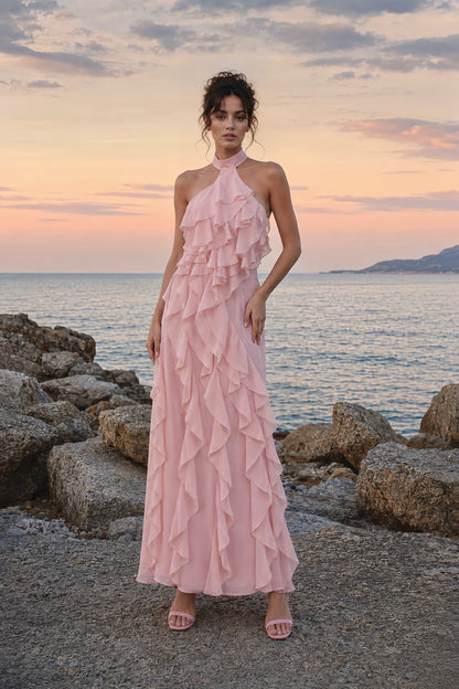 Halter Ruffle Detail Maxi Dress Pink HV3178