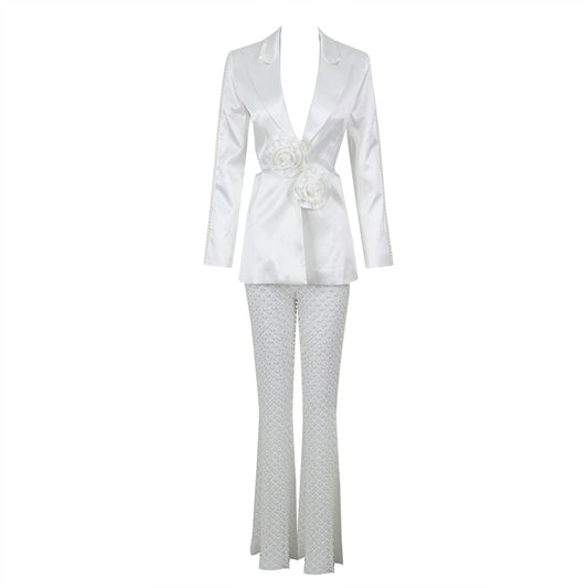 Long Sleeve Pearl Silk Suit White HV9953