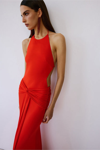 Halter Backless Draped Maxi Dress Coral Red HV2972