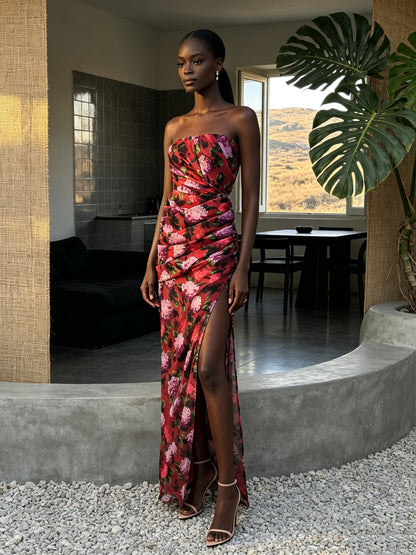 Strapless Draped Floral Maxi Dress Red HV3174
