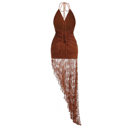 Halter Ruched Asymmetric Lace Maxi Dress HV3083