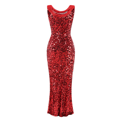 Draped Sequin Maxi Dress Red Silver HV1924