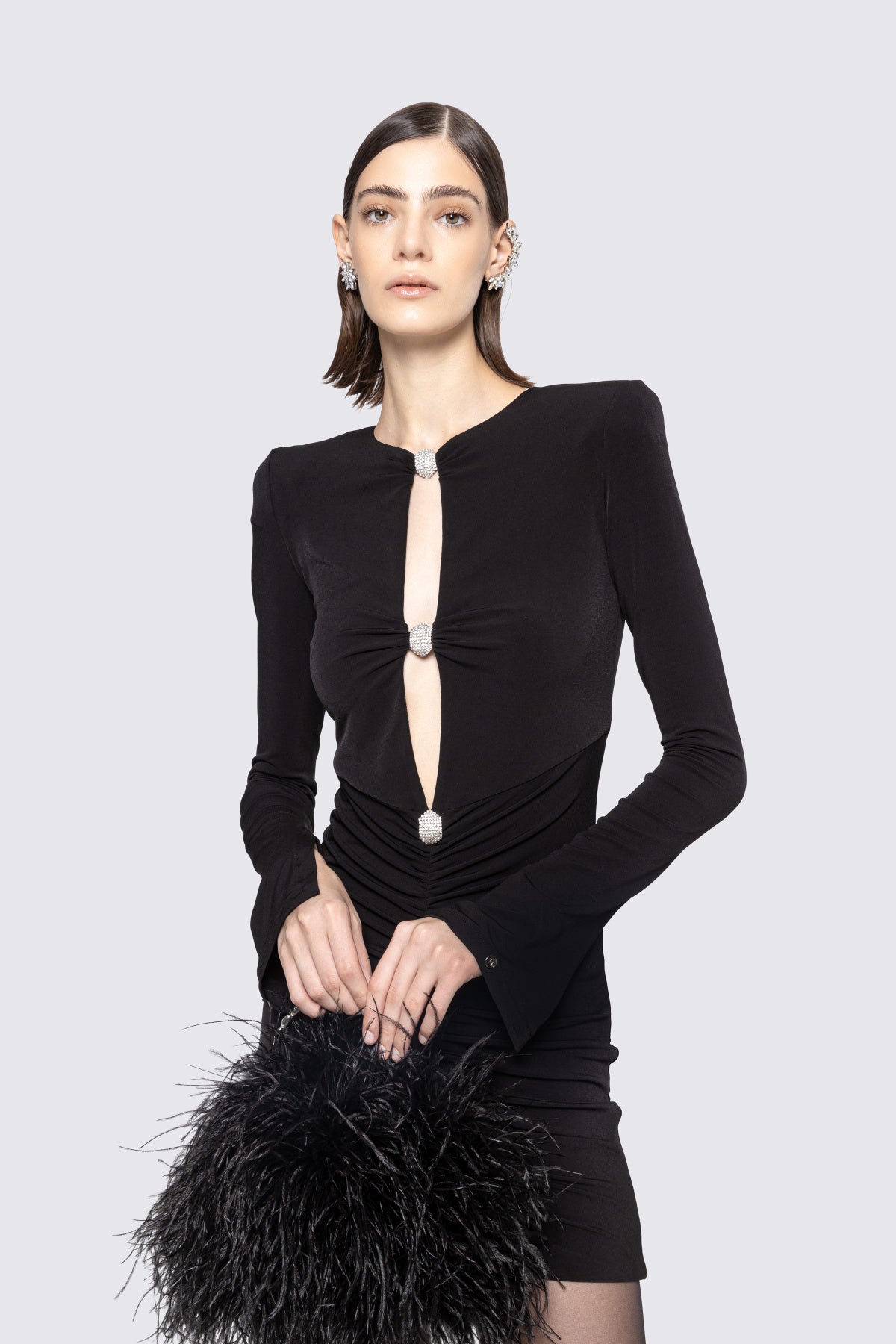 Long Sleeve Ruched Cut Out Dress Black HV2239