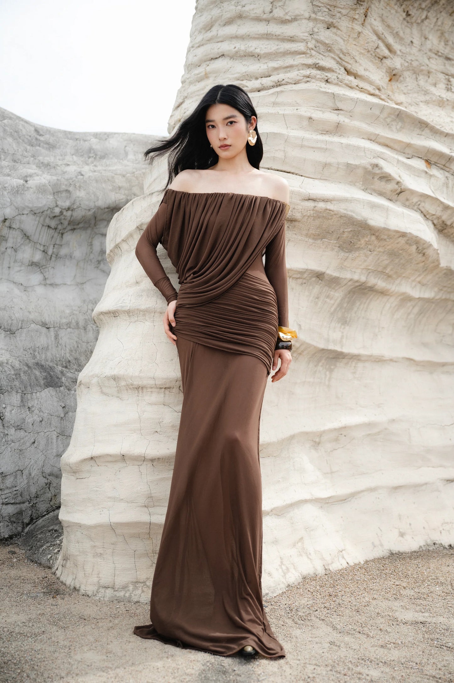 Long Sleeve Draped Bardot Maxi Dress Brown HV0066