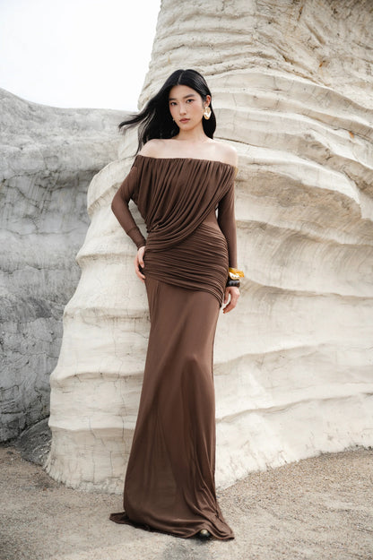 Long Sleeve Draped Bardot Maxi Dress Brown HV0066