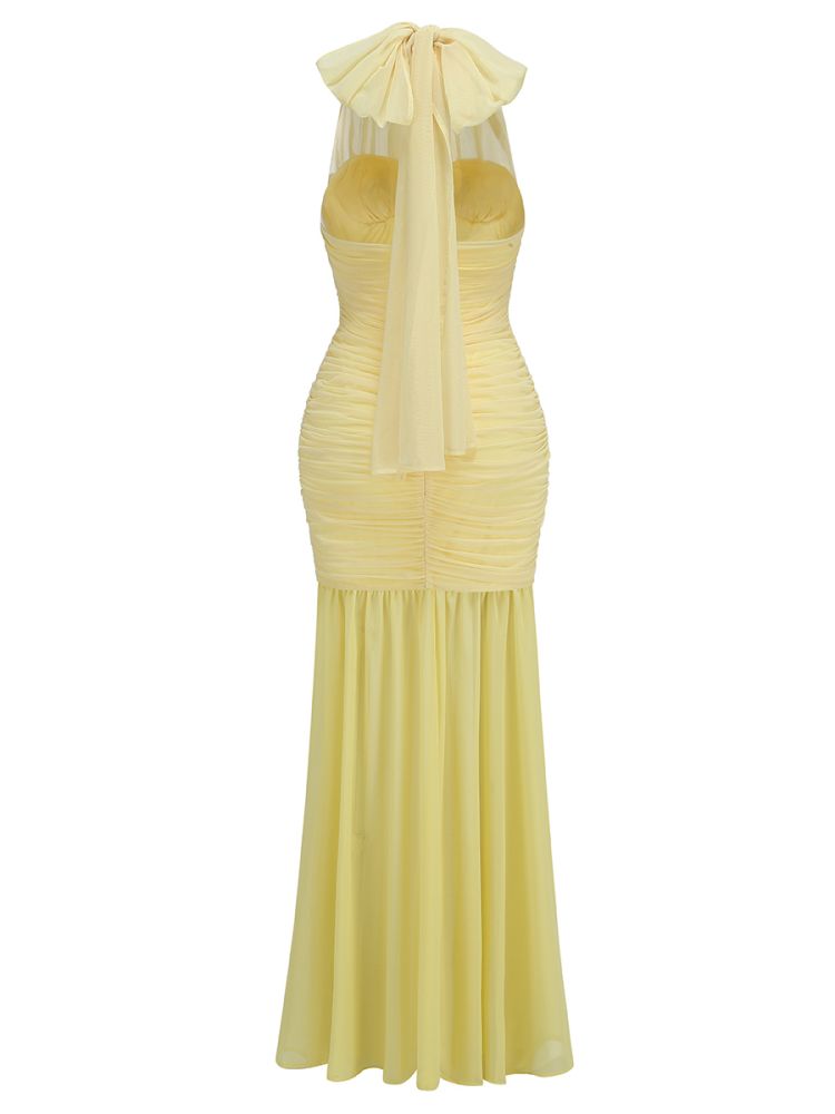 Halter Bustier Ruched Maxi Dress Yellow HV1648