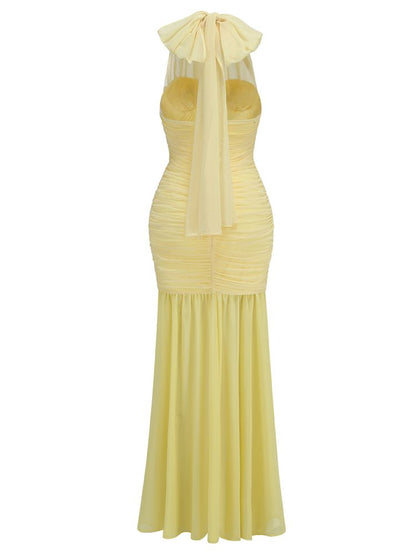 Halter Bustier Ruched Maxi Dress Yellow HV1648