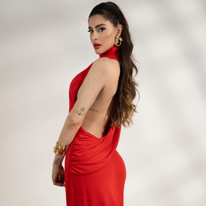 Draped Backless Maxi Dress Red HV0063