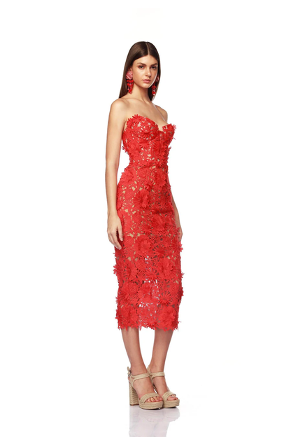 Strapless Bustier Floral Crochet Midi Dress Red HV1270