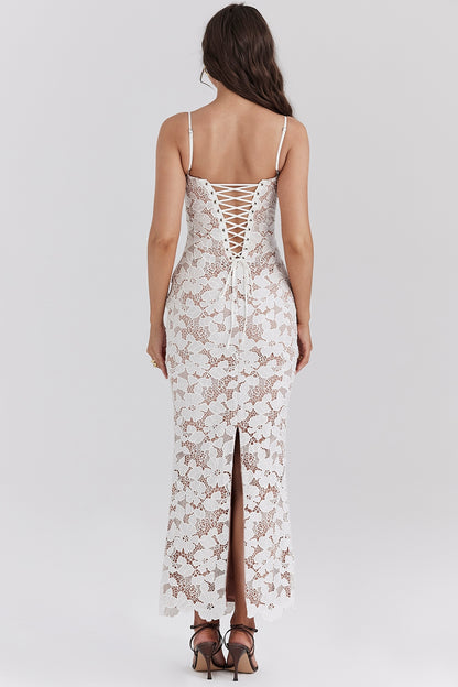 Floral Lace Corset Maxi Dress White