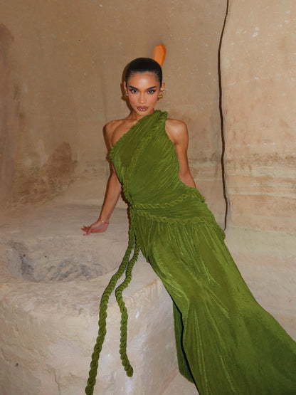 One Shoulder Maxi Velvet Dress Green HV2761