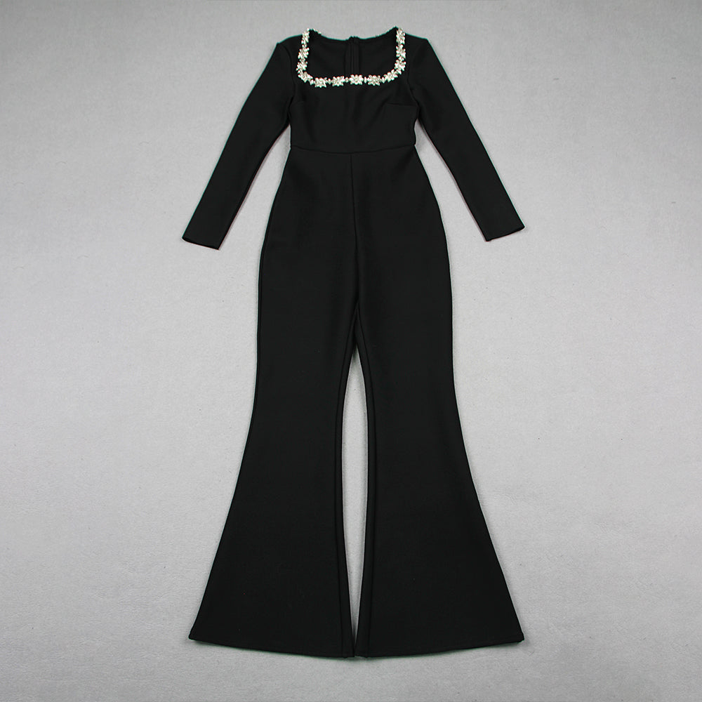 Long Sleeve Crystal Jumpsuit Black HV1093