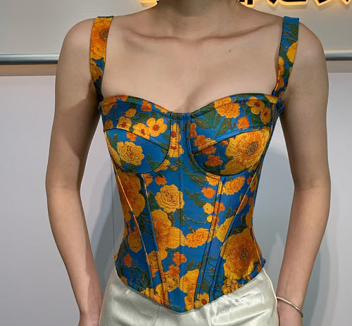 Floral Structured Bustier Top Blue Orange HV3039