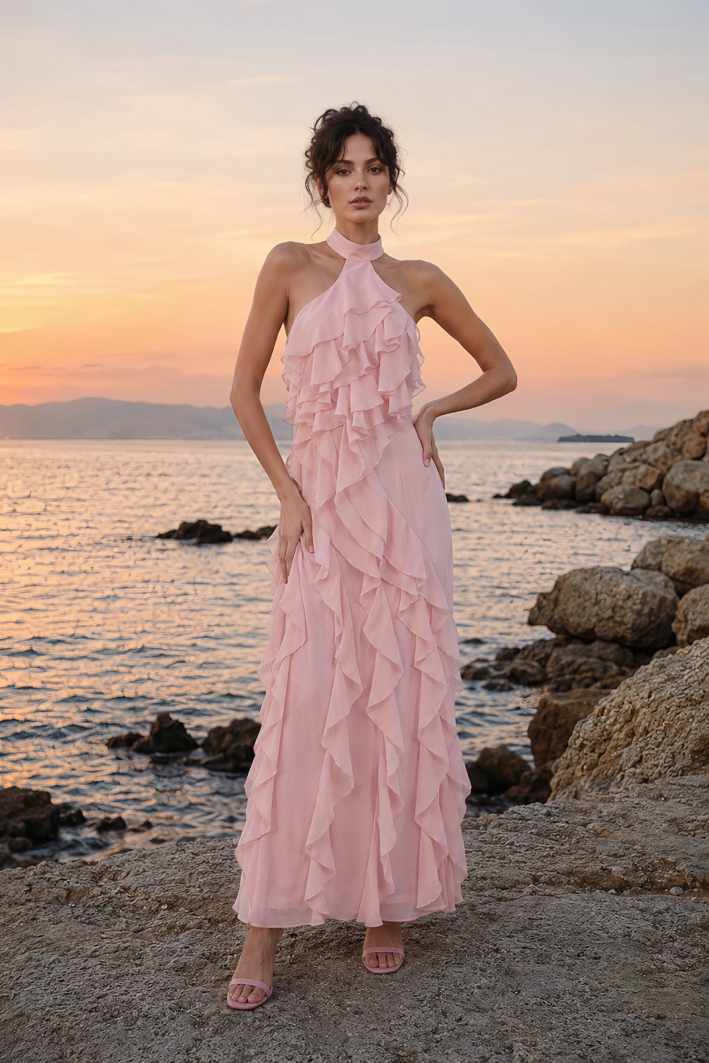 Halter Ruffle Detail Maxi Dress Pink HV3178