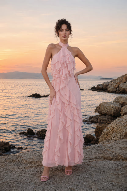 Halter Ruffle Detail Maxi Dress Pink HV3178