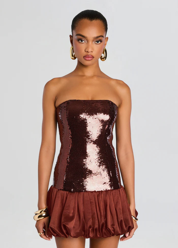 Strapless Sequin Puff Dress Brown HV2525