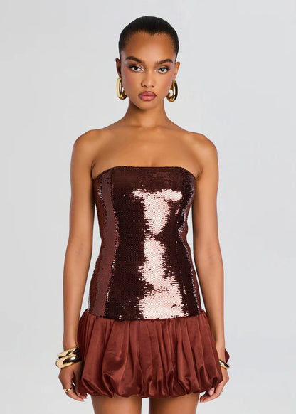 Strapless Sequin Puff Dress Brown HV2525