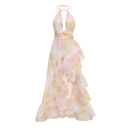 Halter Floral Ruffle Maxi Dress Pink Yellow HV3140