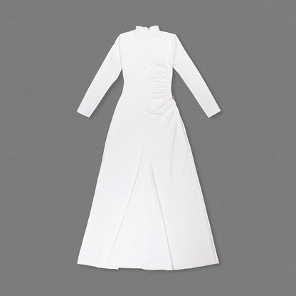 ชุดเดรสยาวแขนยาวดีเทลเดรปสีขาว HV2666