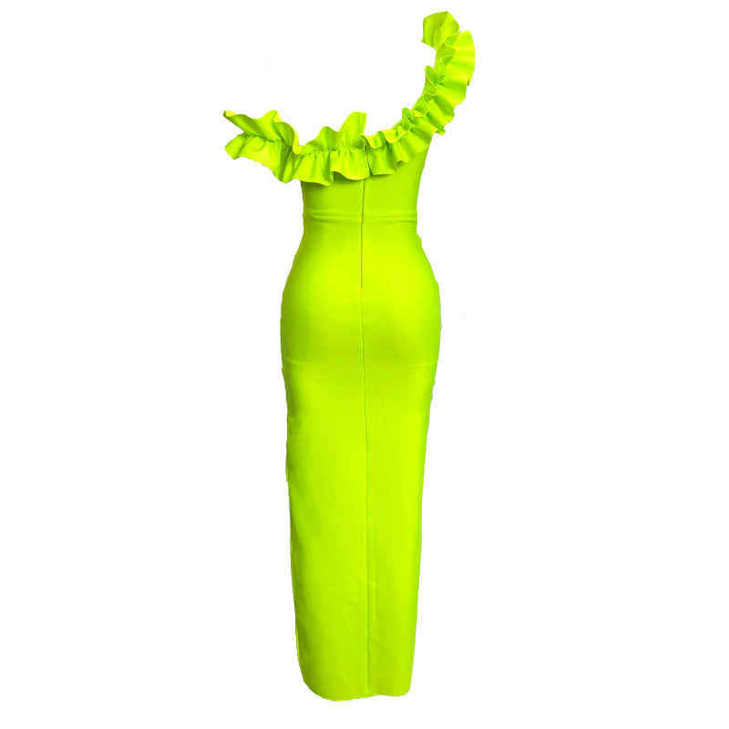 One Shoulder Ruffle Maxi Dress Neon Green HV1511