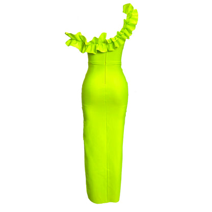 One Shoulder Ruffle Maxi Dress Neon Green HV1511