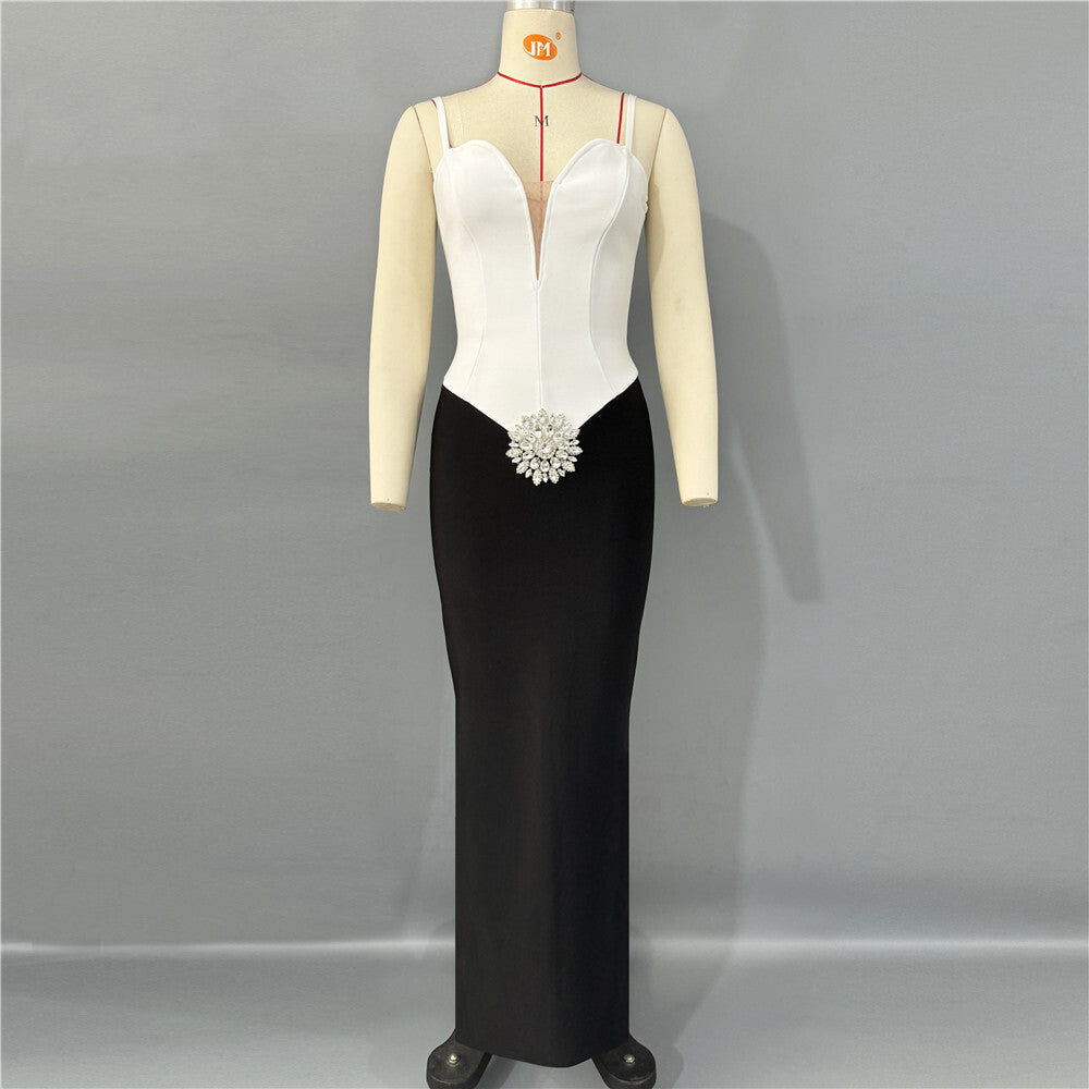 Crystal Floral Detail Maxi Dress Black White HV2352