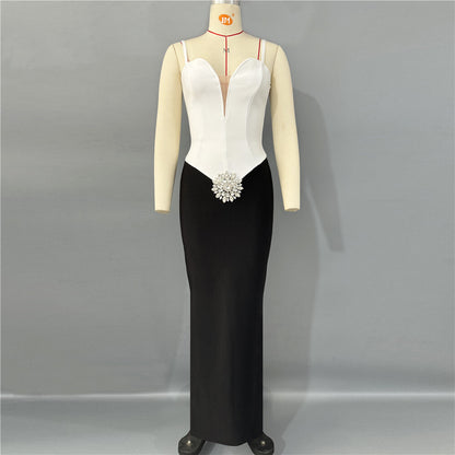 Crystal Floral Detail Maxi Dress Black White HV2352
