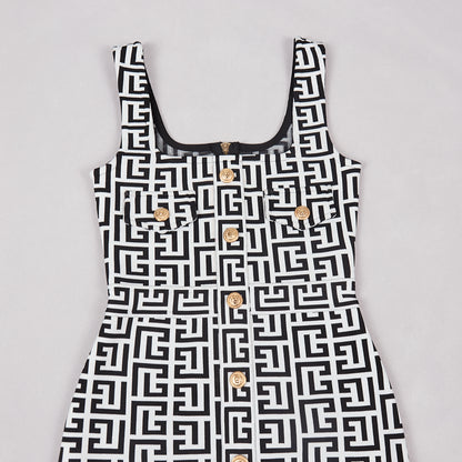 Geometric Print Dress Black White