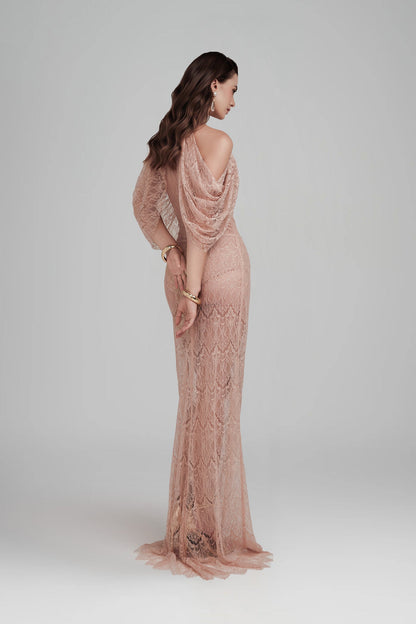 Halter Ruffle Draped Lace Maxi Dress Pink HV3190