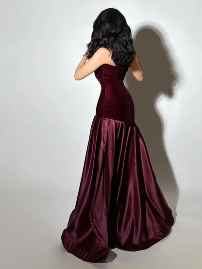 Strapless A Line Maxi Velvet Dress Burgundy HV3186