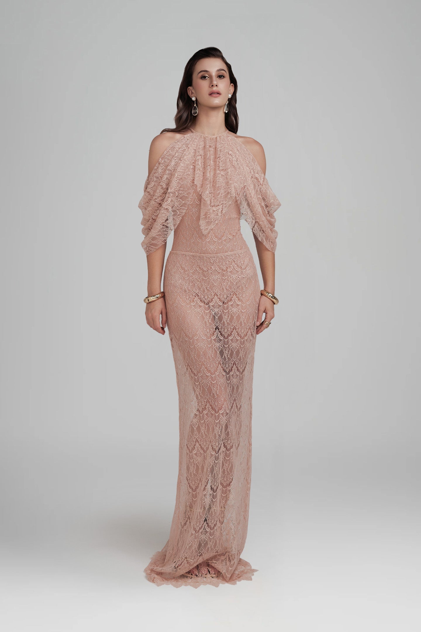 Halter Ruffle Draped Lace Maxi Dress Pink HV3190