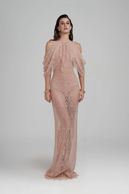 Halter Ruffle Draped Lace Maxi Dress Pink HV3190